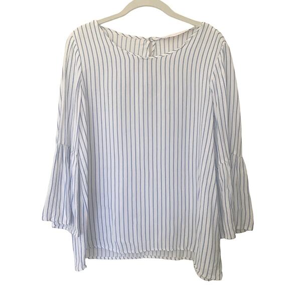 Zara Trafaluc White Blue Striped Crew Coastal Neck Bell Sleeve Blouse Large - Picture 1 of 5